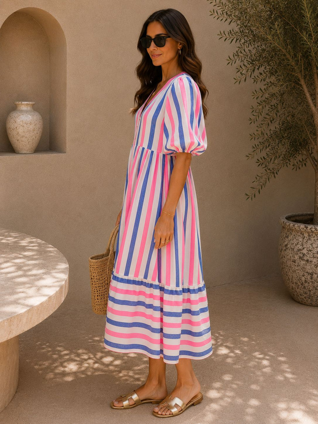 THE AMALFI STRIPE DRESS - CORAL FLUO/BLUE Dresses Neline 