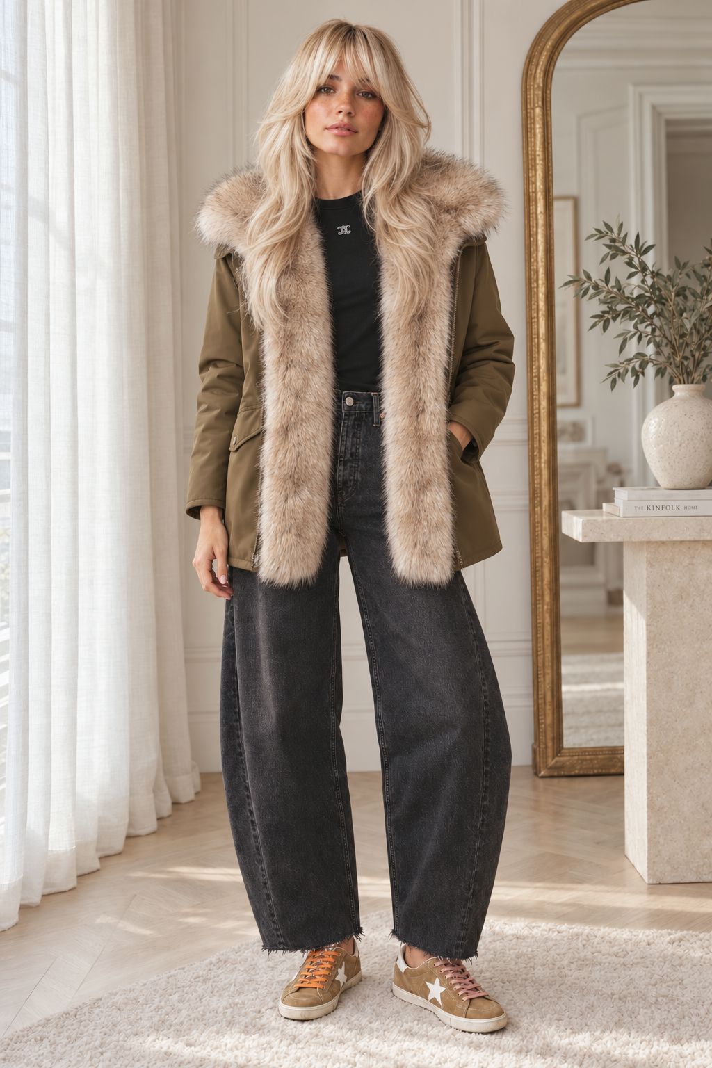 A woman models an olive green parka jacket with a large beige faux-fur collar, styled with a black top, dark gray jeans, and a dark brown textured clutch in a bright, elegant room.