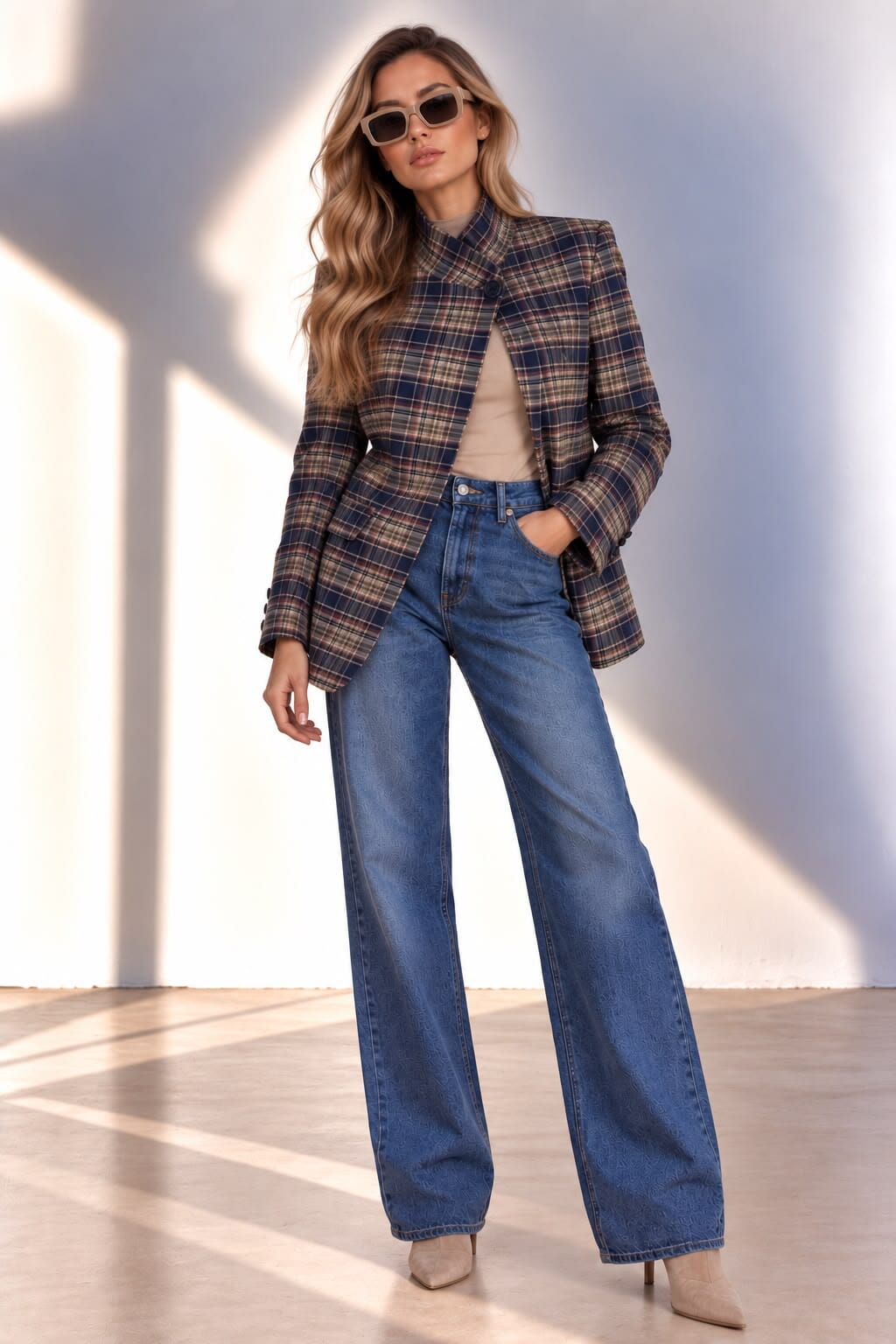 A woman wearing a navy blue, beige, and brown plaid blazer over a beige top and blue jeans, styled with sunglasses against a light blue wall.