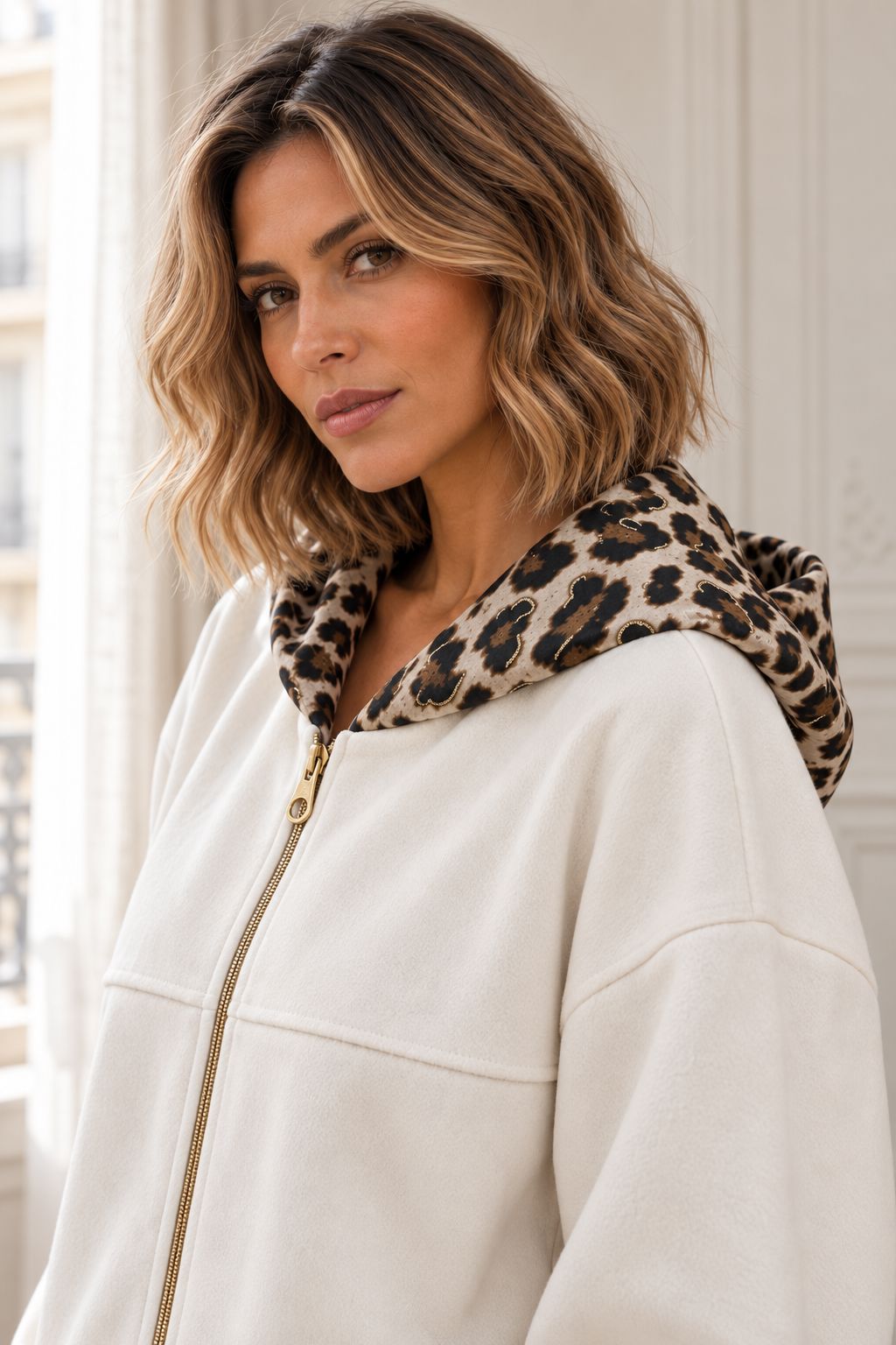 A woman wearing a cream-colored cropped zip-up jacket with leopard print lining on the hood and cuffs, paired with dark gray jeans, standing in a bright indoor setting.