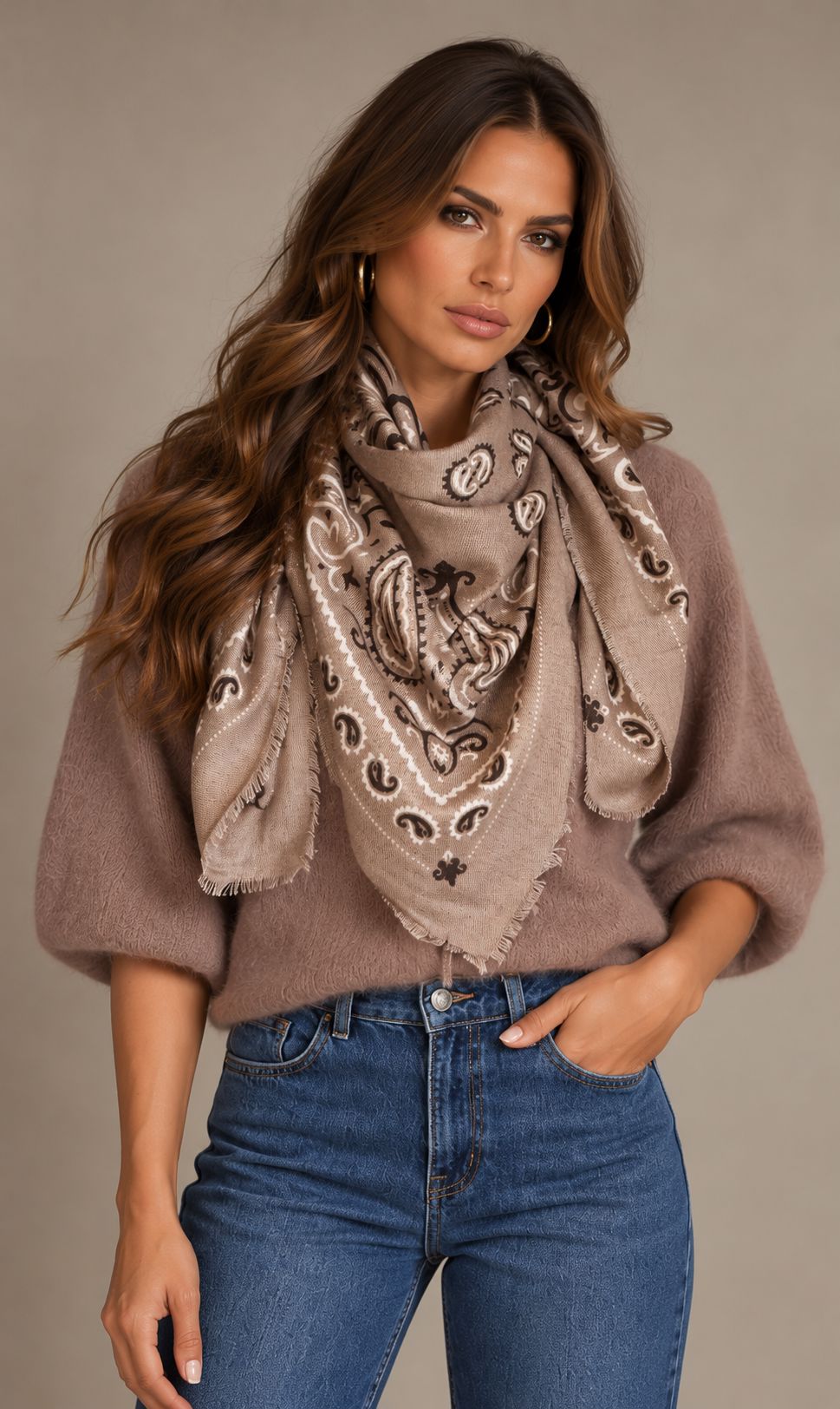 A woman modeling a pair of medium-wash blue straight-leg jeans, styled with a taupe knit sweater, a beige paisley scarf, and beige ankle boots against a solid taupe studio background.