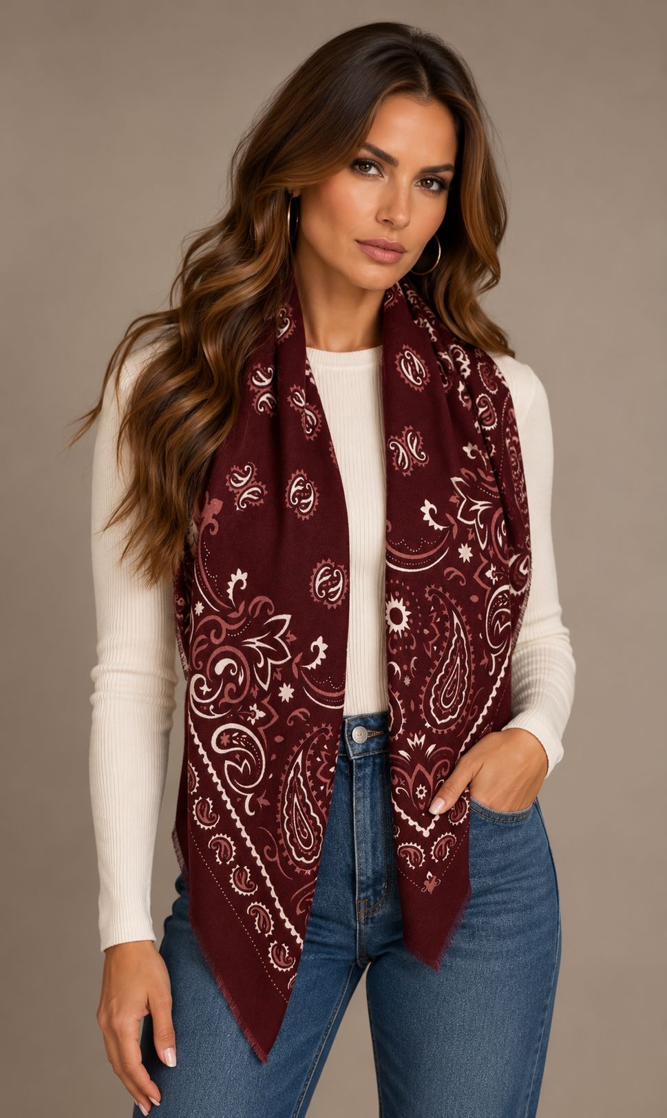 A woman modeling a dark burgundy paisley bandana scarf wrapped around her neck, paired with a white long-sleeve top and blue jeans, against a solid taupe background.